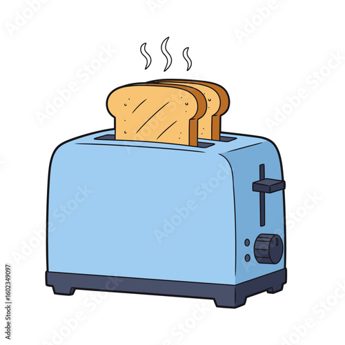 Two slices of golden-brown toast pop out of a light blue toaster with rising steam, isolated on a white background.