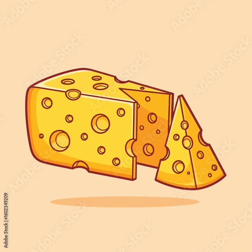 Cartoon illustration of a block of Swiss cheese with a triangular slice cut out, showing holes on a light orange background.