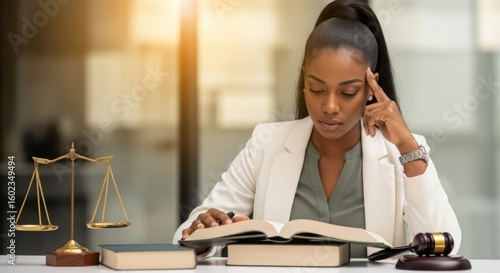 Woman in white blazer reading book with scales of justice and gavel legal