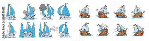 Cartoon boats in various situations with expressive faces. Sailing, fun, ocean, watercraft, comic, humor, transportation, travel, vector, vessel, sea, summer, happiness
