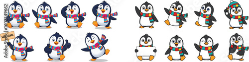Penguins wave and hold signs, wear scarves. Winter, cold, arctic, antarctic, cute, cartoon, happy, holiday, greeting, fun, animal, character, mascot, illustration