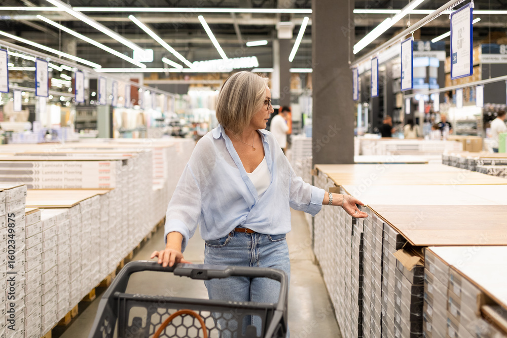 Fototapeta premium Engaging in shopping activities at a modern home improvement store with a middle-aged woman exploring various departments