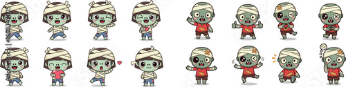 Cute cartoon mummy characters in various poses. Halloween, spooky, kawaii, adorable, undead, monster, design, fantasy, magical