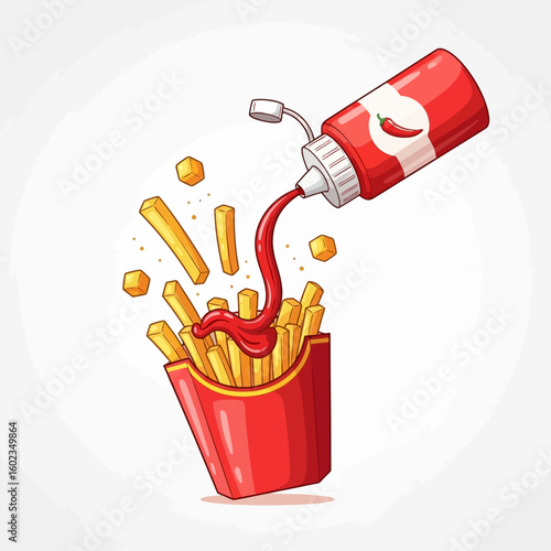 Ketchup being poured from a bottle onto a serving of french fries in a red container, with floating crumbs around.