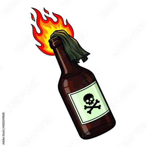 Cartoon illustration of a Molotov cocktail with a burning rag and a skull and crossbones label.
