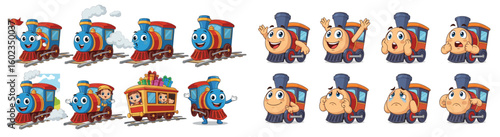 Cartoon trains show various emotions. Cute locomotive characters with happy, sad, and surprised expressions. Children, animation, railway, transport, toy