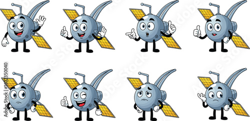 Satellite cartoon characters express various emotions. Space technology, communication, cosmos, futuristic, artificial intelligence, satellite, science, technology
