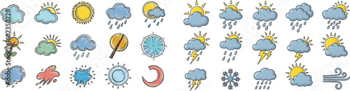 Weather icons with hand-drawn style, set. Climate forecast symbols, meteorology signs, atmospheric conditions, season changes, temperature, rainfall, sunny, windy.
