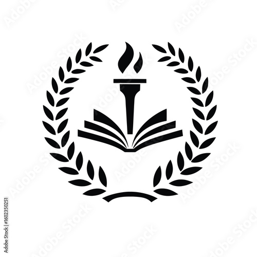 Symbol of education and knowledge with an open book and torch within a laurel wreath
