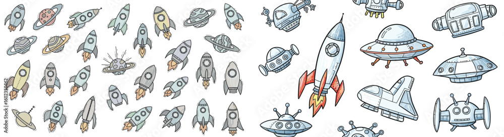 Fototapeta premium Hand drawn space themed illustrations of rockets, planets and ufos. Space, galaxy, exploration, science, cartoon, design, fun, fantasy, future, sky