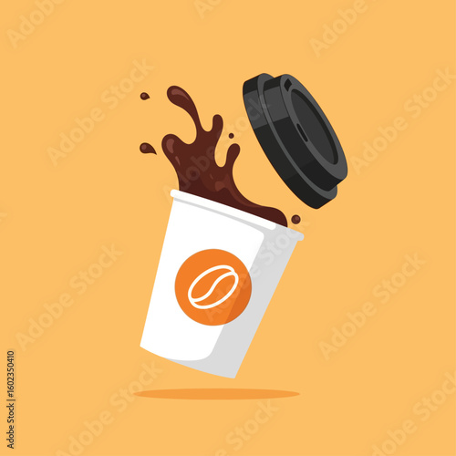 Cartoon illustration of a white paper coffee cup with a brown coffee bean logo, spilling coffee, and a black lid floating above it.