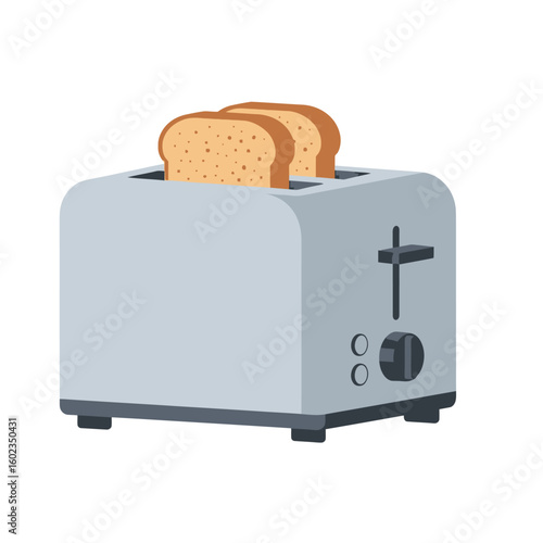 A silver toaster with two slices of golden brown toast popping out, isolated on a white background.
