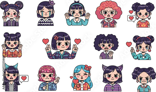 Cartoon girls express various emotions. Cute, manga style, kawaii, expressions, emotions, anger, happiness, sadness.