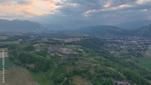 Aerial view of Fort Barraux above the Isere valley in France, star shaped fortress with bastions, demi lunes, casamate, lunettes, commanding the road