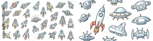 Hand drawn space themed illustrations of rockets, planets and ufos. Space, galaxy, exploration, science, cartoon, design, fun, fantasy, future, sky