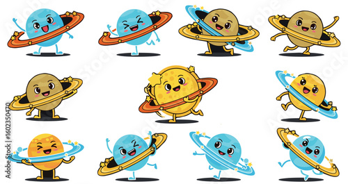 Happy planets dance in space with starry rings. Cartoon, space, planet, star, ring, cute, fun, astronomy, happy, kids, cosmic, universe, astrology