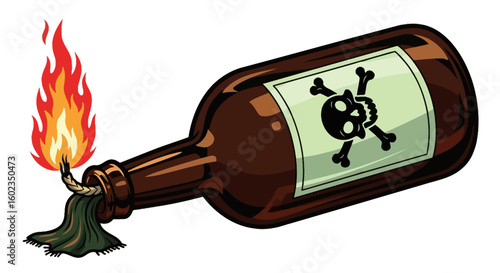 A Molotov cocktail illustration with a brown glass bottle, skull and crossbones label, lit fuse, and flames.