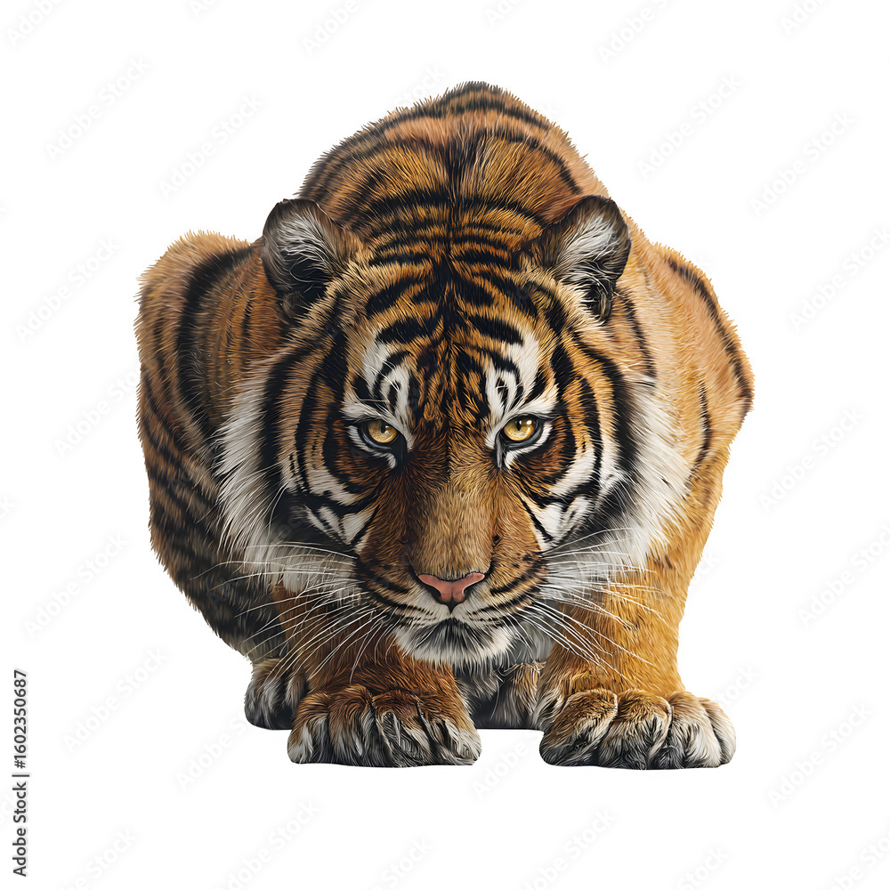 Obraz premium Tiger crouching with intent to hunt and head low and eyes locked forward and realistic fur detail and isolated white background Batch realistic clean bright simple modern stock image isolated on p