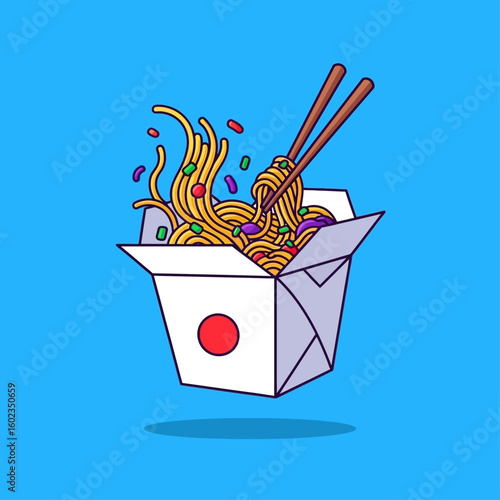 Cartoon illustration of noodles in a takeout box with chopsticks, featuring colorful sprinkles and a blue background.