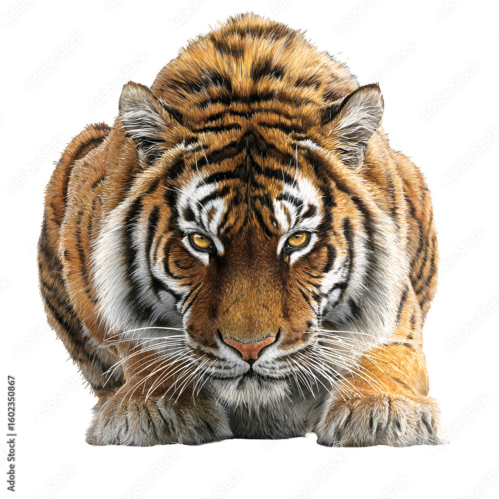 Fototapeta premium Tiger crouching with intent to hunt and head low and eyes locked forward and realistic fur detail and isolated white background Batch realistic clean bright simple modern stock image isolated on p