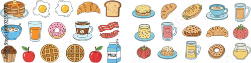 Breakfast foods assortment. Diverse meal options, bakery, fruit, drinks. Morning food, cartoon, doodle, breakfast, brunch.