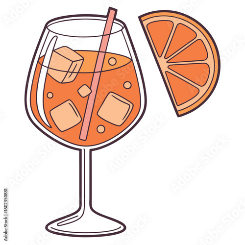 Stylized orange drink with ice cubes, straw, and citrus wedge stands alone with transparent background