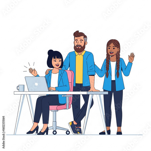 Group of three colleagues collaborating at a desk in modern office   