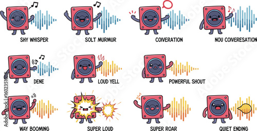 Speaker shows sound volume in cartoon style. Audio, speaker, sound, volume, wave, cartoon, cute, music, signal, communication, technology, energy, voice, speech, whisper