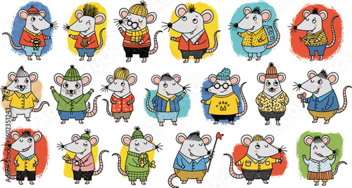 Cartoon mice in outfits express various moods. Whimsical art, cute characters, hand-drawn style, animation, graphic design, colorful, whimsical, playful, fun.