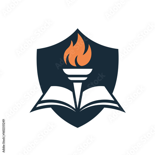Shield with open book and flaming torch symbolizing education and knowledge