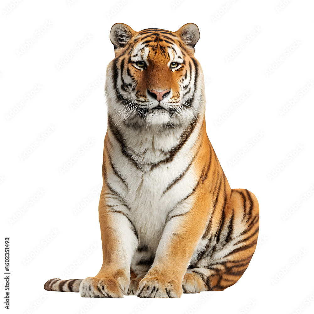 Obraz premium Tiger sitting calmly with bright orange fur and soft facial expression and isolated white background Batch realistic clean bright simple modern stock image isolated on plain background for web and p