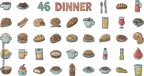 Dinner doodles, 46 hand-drawn meals. Illustrated foods and dishes for any occasion or gathering. Meal, recipe, healthy, tasty, cuisine, lunch, menu, homemade.