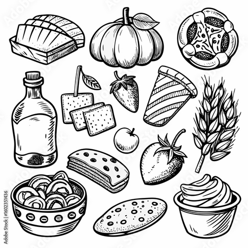 Vintage cartoon icon set illustration with italian food and drink menu design sketch