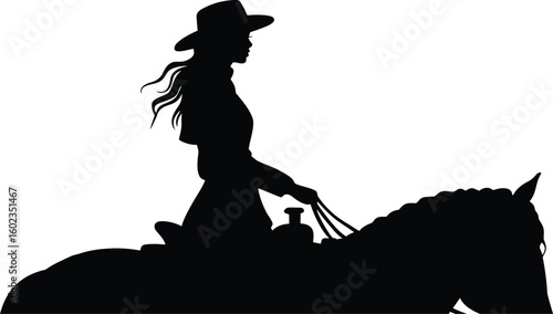 Girl with hat sitting on horse silhouette - cowboy girl vector.