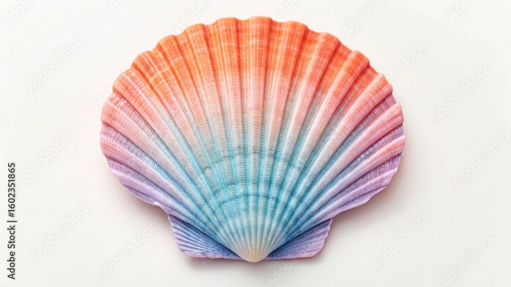 Fototapeta premium Striking studio shot of a beautifully colored fan-shaped seashell, highlighting its unique ribbed texture and spectrum of harmonious tones