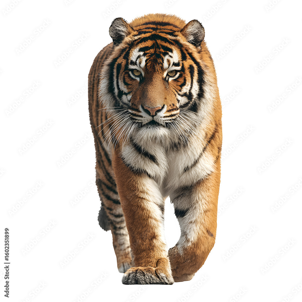 Obraz premium Tiger standing calmly with powerful legs and tail visible and soft shadows and isolated white background Batch realistic clean bright simple modern stock image isolated on plain background for web 