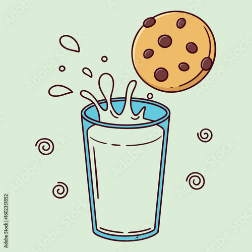Cartoon chocolate chip cookie is dunking into milk creating a splash moment