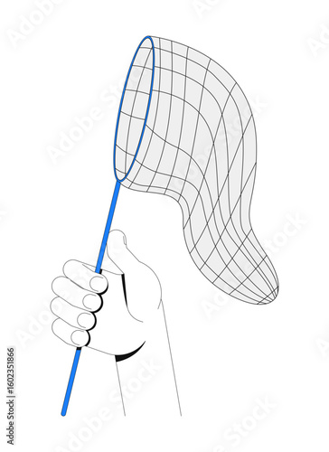 Hand holding catching net vector illustration. Gripping butterfly net catcher. Capturing tool, opportunity, abstract pursuit 2D cartoon image isolated on white. Editable flat clipart colorful