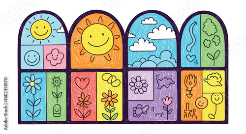 Colorful stained-glass window displays various drawings. Happy, art, flower, sky, fun, imagination, child, window, cute, sunshine, spring