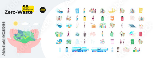Zero-waste lifestyle cartoon flat illustrations mega bundle. Environmental sustainability. Eco-friendly habits, recycling, renewable 2D images isolated on white. Collection vector drawings colorful