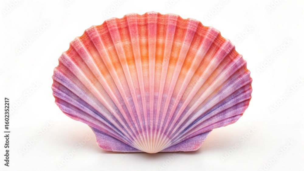 Fototapeta premium Detailed view of a brightly colored bivalve shell, featuring prominent radial grooves and a beautiful transition of shades from cool to warm