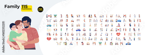 Happy family life and parenting cartoon flat illustrations mega bundle. Relationships, bonding, caregiving, emotional communication 2D images isolated on white. Collection vector drawings colorful