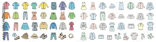 Clothing items drawn with sketch style. Apparel, fashion, style, design, garment, clothes, wear, outfits, casual, vintage, modern, trendy.