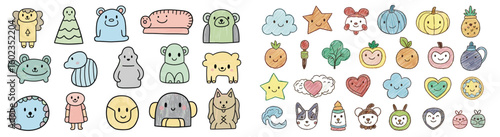 Cute hand-drawn cartoon doodles illustrations. Fun sketches, childish style, funny characters, creative drawings, whimsical design elements, playful, cheerful, vibrant.