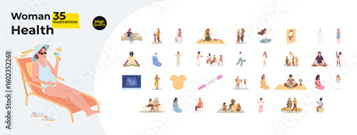 Women health and pregnancy cartoon flat illustrations mega bundle. Diverse pregnant females, wellness, motherhood, prenatal care, yoga 2D images isolated on white. Collection vector drawings colorful
