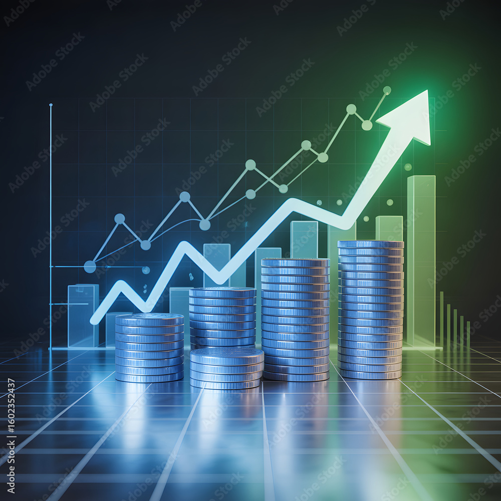 Fototapeta premium Stacked Coins and Financial Growth Graph with Green Upward Arrow