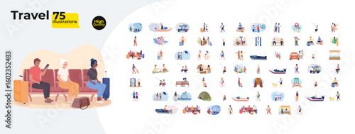 Travel and tourism lifestyle cartoon flat illustrations mega bundle. Transportation, vacation activities. Diverse travelers tourists 2D images isolated on white. Collection vector drawings colorful