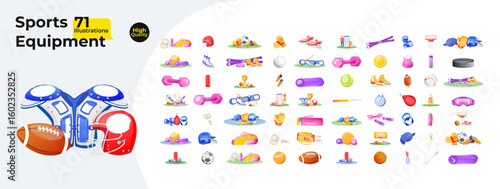 Sports equipment and fitness gear cartoon flat illustrations mega bundle. Athletic stuff for fitness training, yoga, outdoor activities 2D images isolated on white. Collection vector drawings colorful