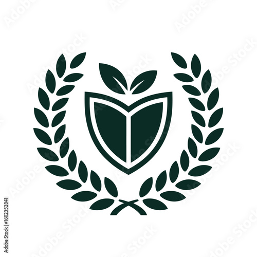 Shield and laurel wreath with leaves symbolizing education and achievement