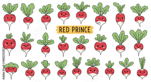 Cute red radish cartoon vegetables with happy faces. Healthy eating, vegetarian food, vegetable garden, garden, farming, vitamins, nutrition